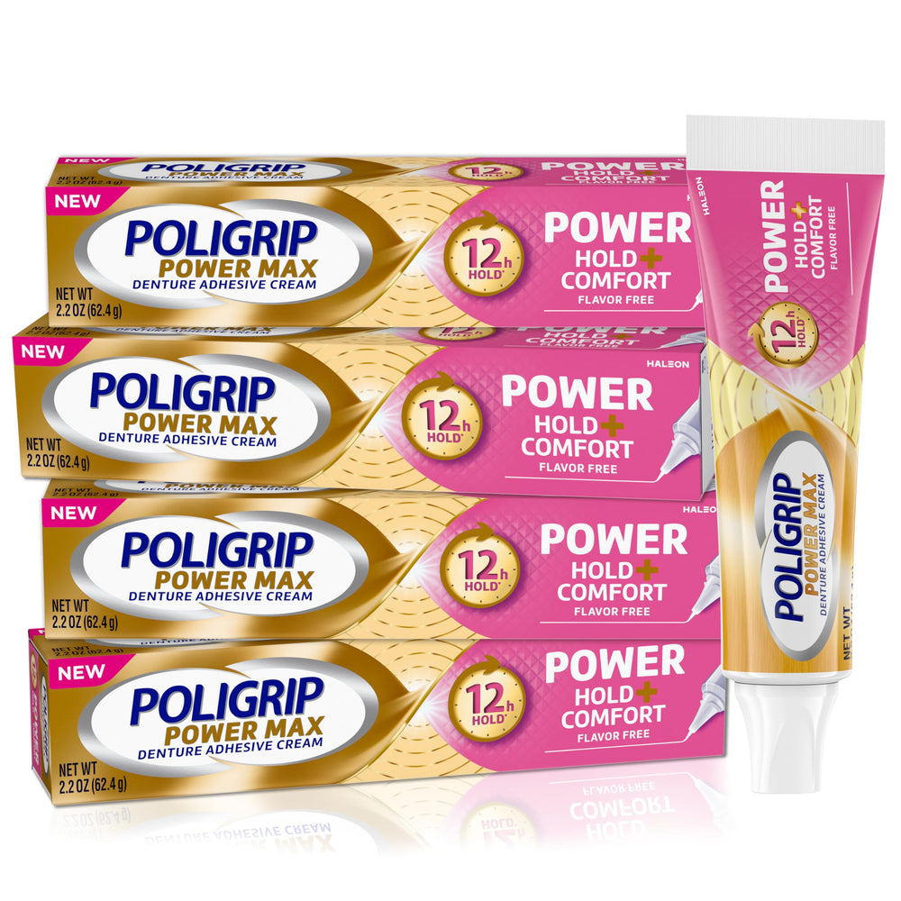 Poligrip paquete frontal con cuatro tubos mostrando conveniencia y ahorro