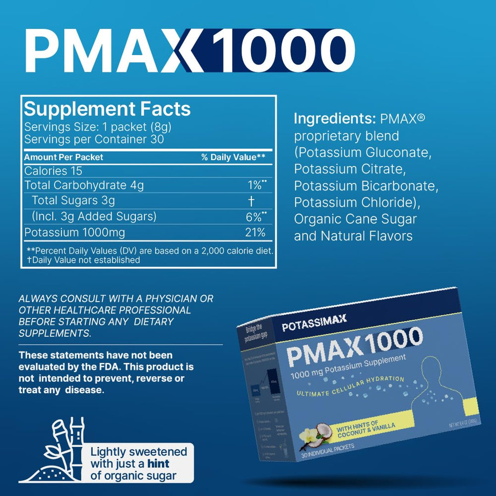Detalle de la etiqueta PMAX1000 PotassiMax con ingredientes y pureza