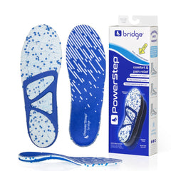PowerStep Bridge frente del empaque mostrando diseño y comodidad