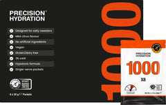 Precision Hydration frente del empaque mostrando 8 sobres y beneficio de dosificación clara