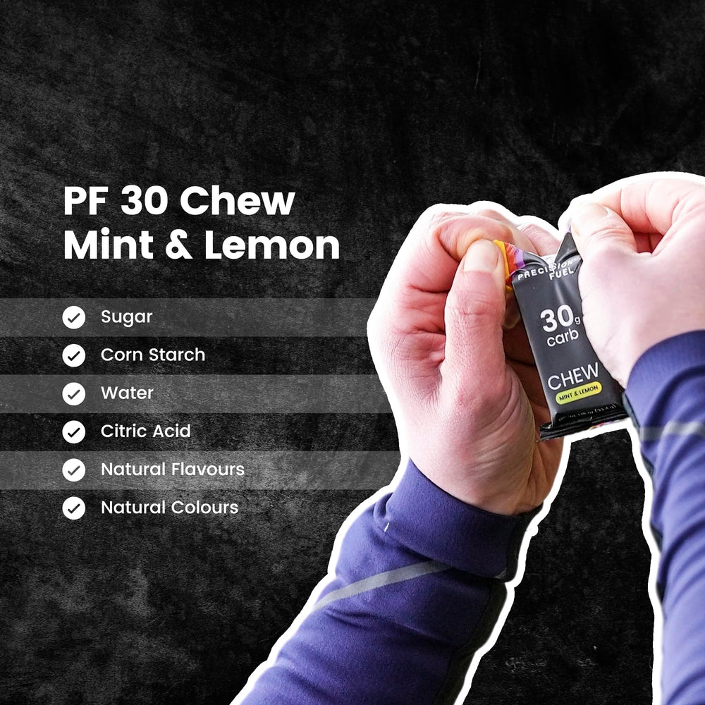 Precision Hydration etiqueta de ingredientes de PF30 Chew mostrando composición sin artificiales