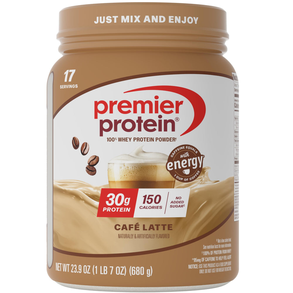 Premier Protein envase frontal mostrando sabor café latte y porciones