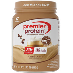 Premier Protein envase frontal mostrando sabor café latte y porciones