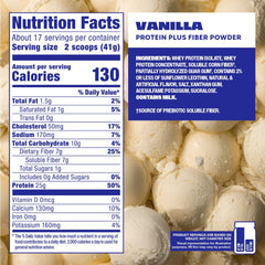 Premier Protein etiqueta nutricional destacando proteína y fibra prebiótica
