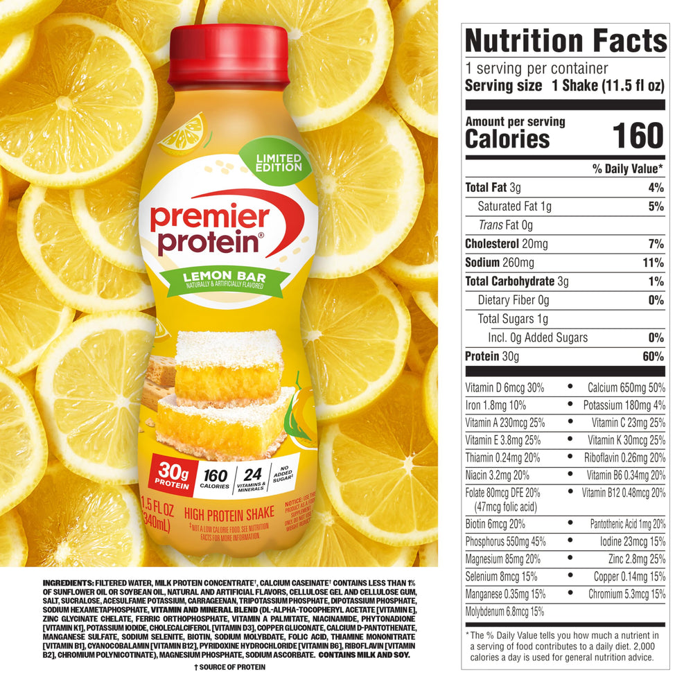 Premier Protein etiqueta nutricional clara destacando proteína y vitaminas