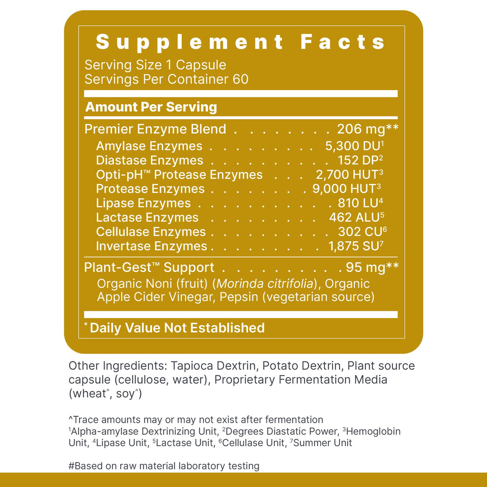 Etiqueta de Premier Research Labs con información de ingredientes y beneficios digestivos claros