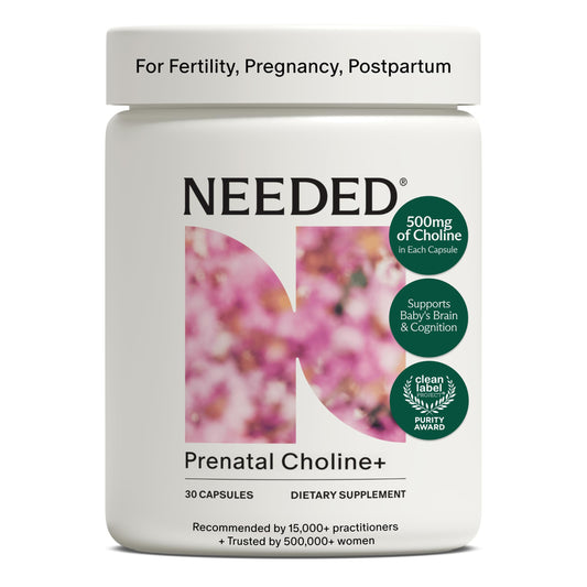 Prenatal Choline+ vista frontal del envase y cápsulas, facilita cumplimiento diario