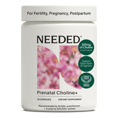 Prenatal Choline+ vista frontal del envase y cápsulas, facilita cumplimiento diario