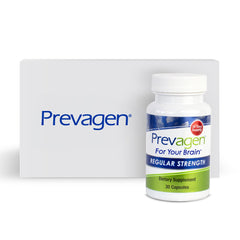 Prevagen vista frontal del empaque mostrando la caja y frasco, presentación práctica