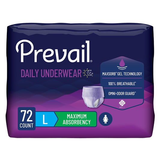 Prevail frontal del empaque mostrando 72 unidades y diseño discreto