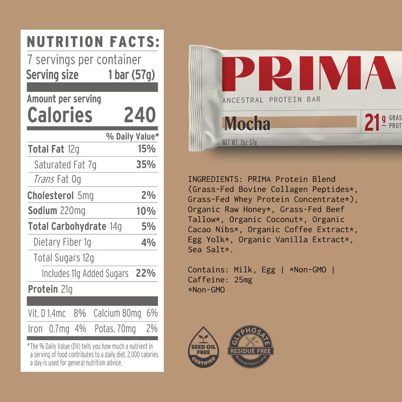 Prima Ancestral Protein Bar etiqueta con lista de ingredientes reales y limpias
