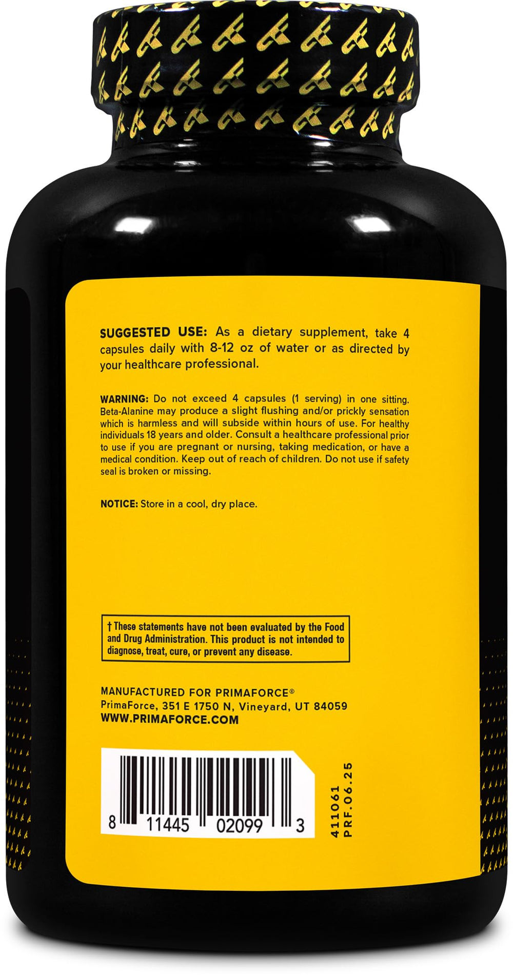 Primaforce Beta-Alanina: etiqueta frontal que destaca calidad