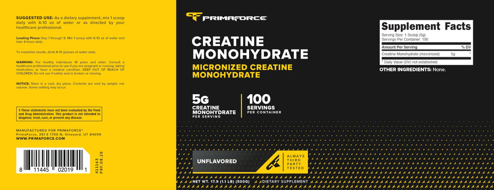 Primaforce Creatina Monohidrato Micronizada, probado por laboratorios ISO para calidad.