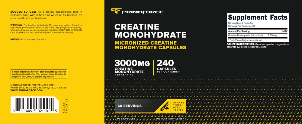 Primaforce etiqueta con información de dosis y certificación de calidad