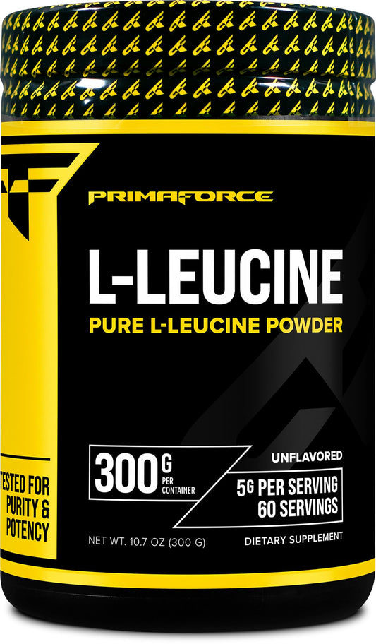 Primaforce L-Leucina, pote frente: suplemento práctico para entrenamientos diarios.