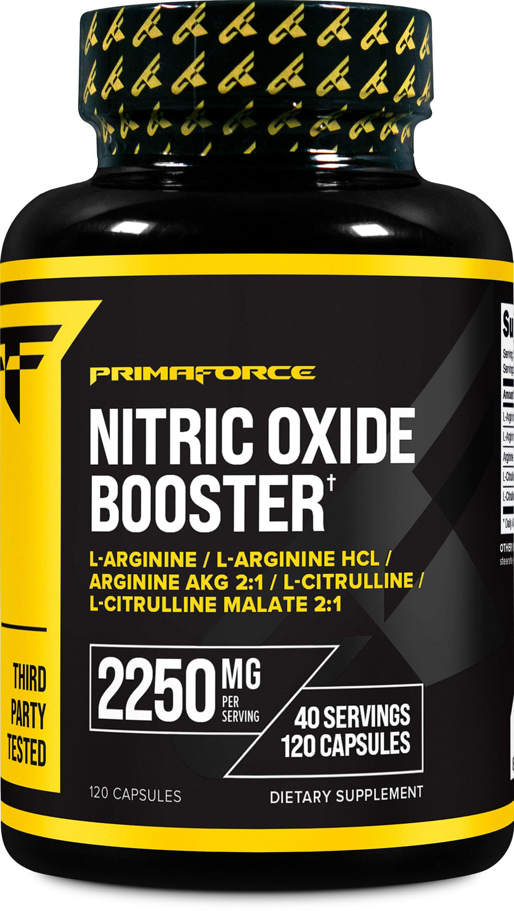 Primaforce Nitric Oxide Booster bottle highlighting its pre-workout support blend.