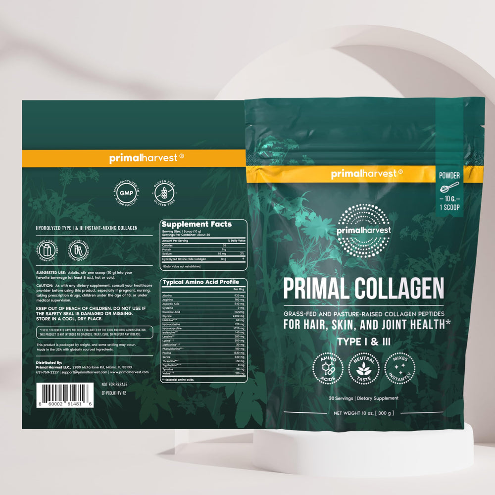 Primal Harvest etiqueta con ingredientes y certificación GMP visible