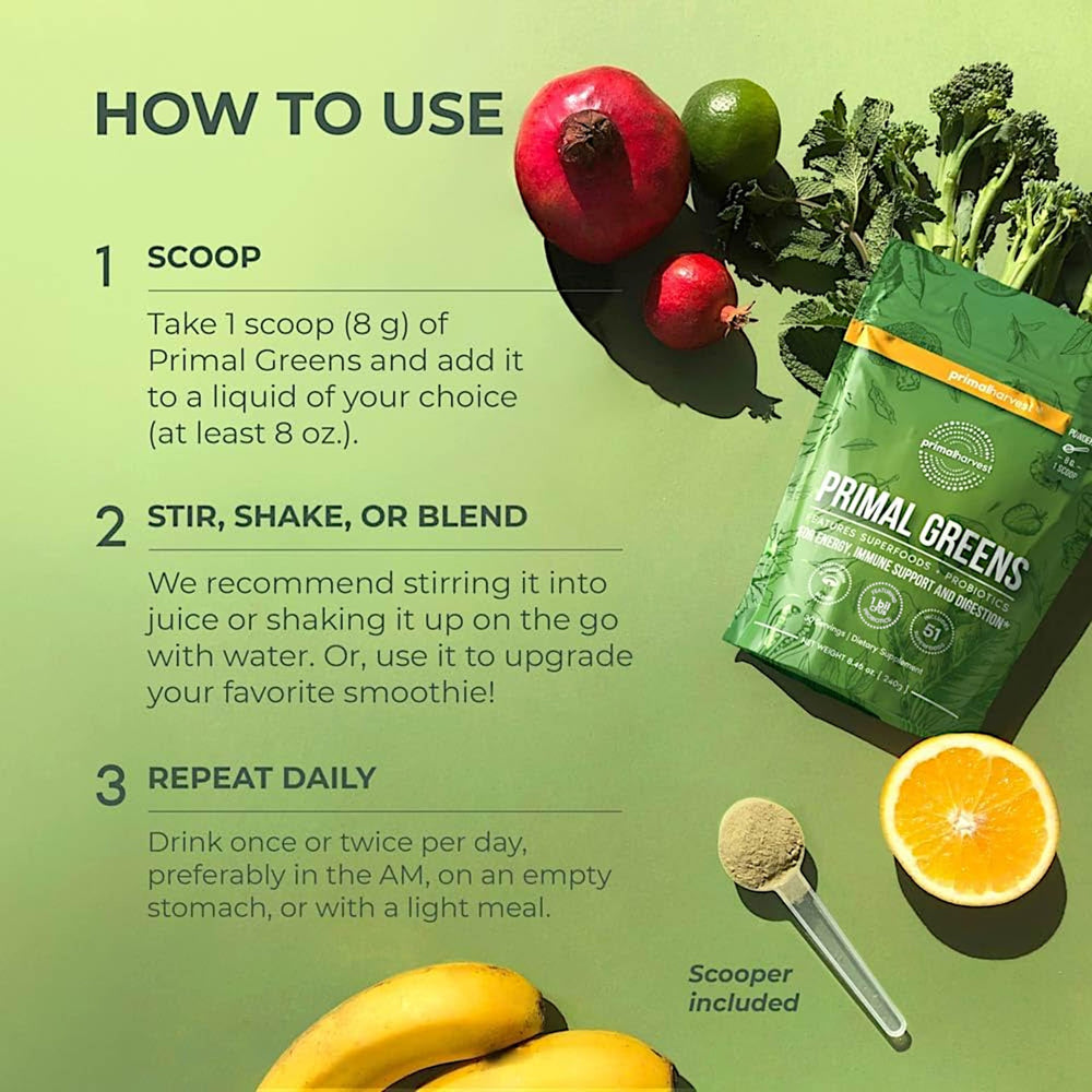 Close-up of chlorella and greens in Primal Harvest blend