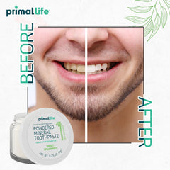 Primal Life Organics polvo dental en cepillo, demuestra uso diario y frescor