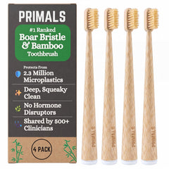 PRIMALS cepillo frontal pack de 4 mostrando diseño biodegradable y beneficio ecológico
