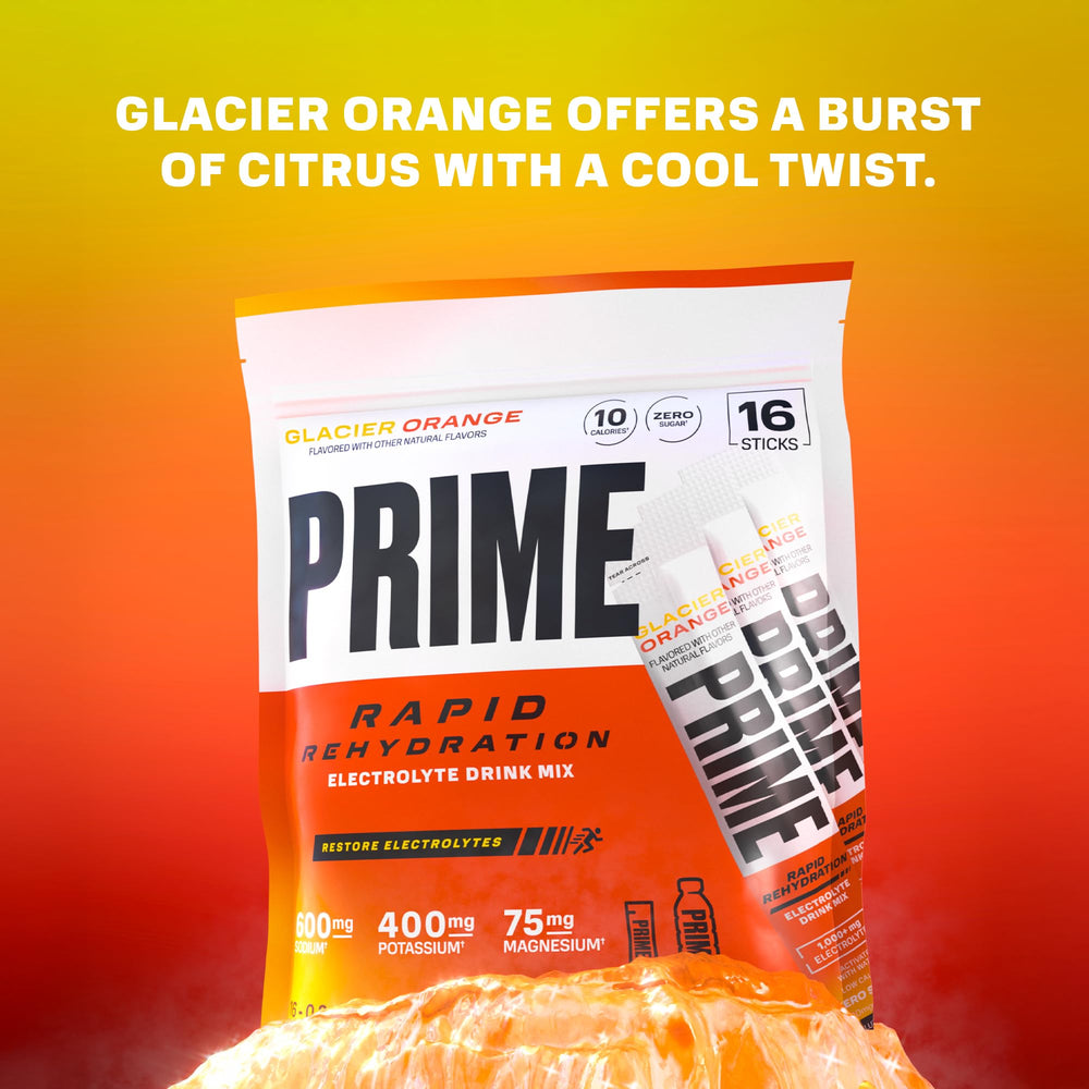 PRIME HYDRATION sobre abierto con polvo naranja listo para mezclar