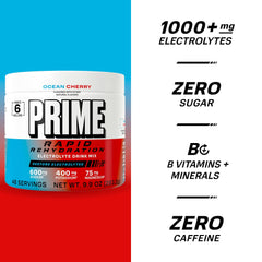 PRIME HYDRATION vaso preparado con bebida Ocean Cherry ideal para rehidratarse rápido
