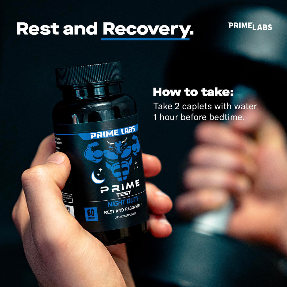 Prime Labs frasco en mesita de noche sugiriendo mejor descanso