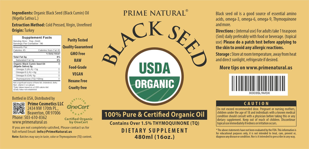 PRIME NATURAL etiqueta con certificación USDA Organic y laboratorio probado