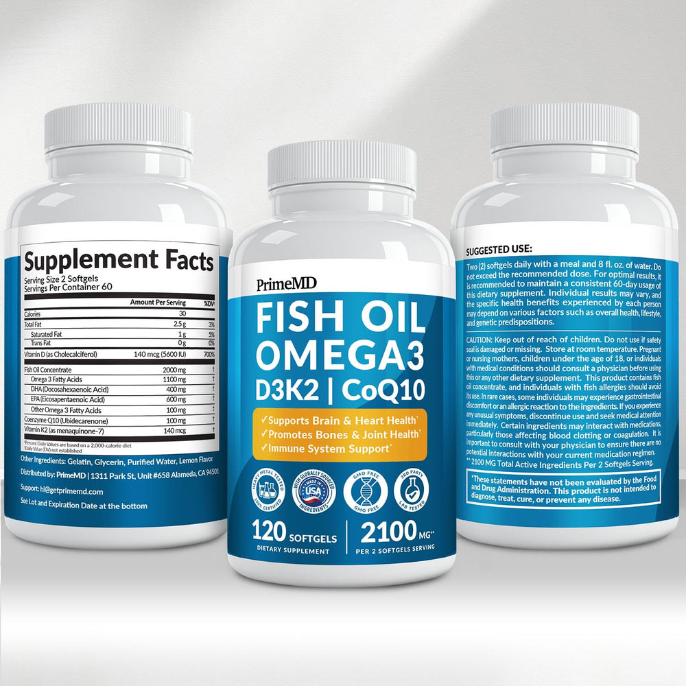 PrimeMD botella abierta con softgels esparcidas mostrando cantidad