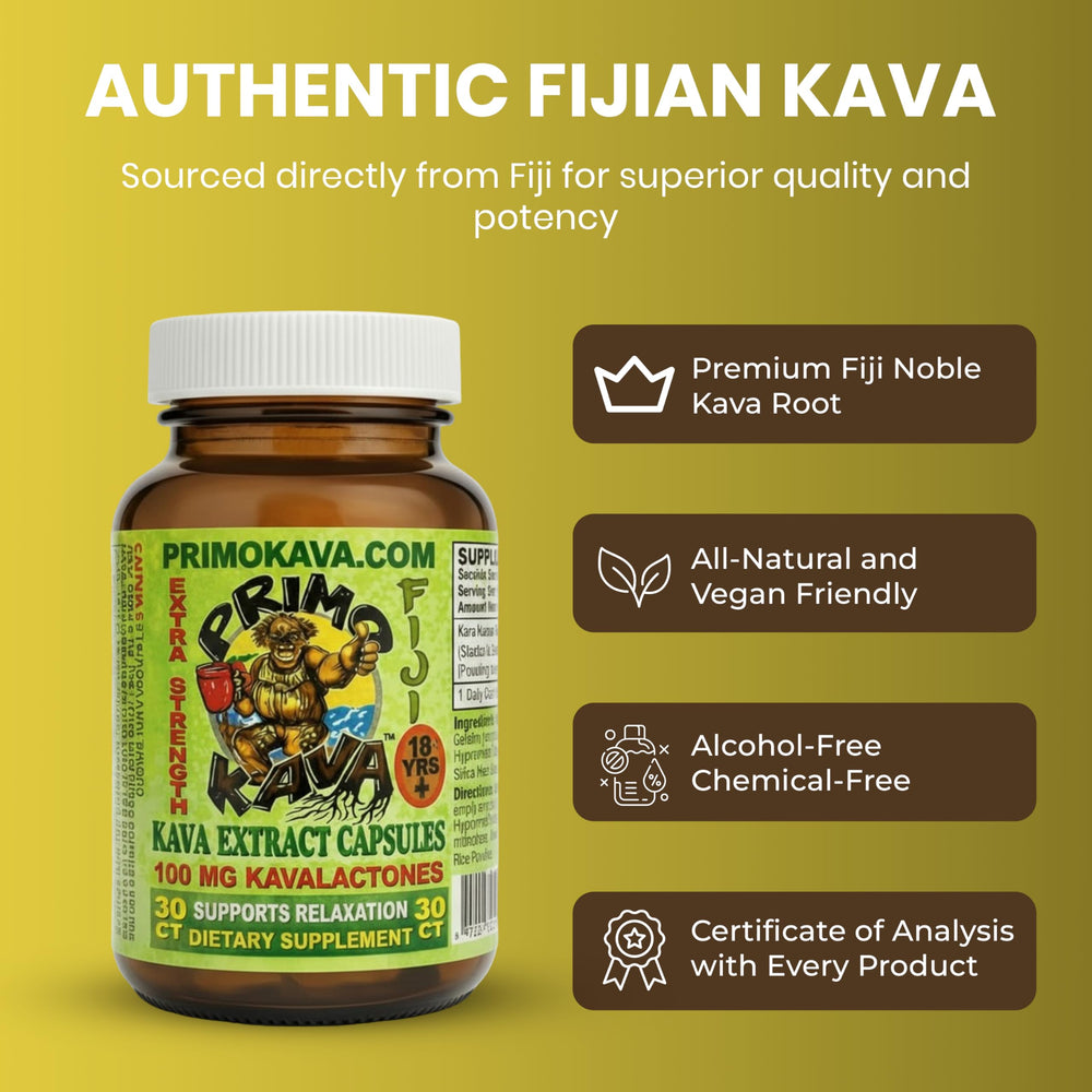 Cápsulas PRIMO KAVA con 100 mg de kavalactonas para experiencia rápida.