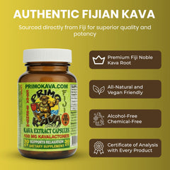 Cápsulas PRIMO KAVA con 100 mg de kavalactonas para experiencia rápida.