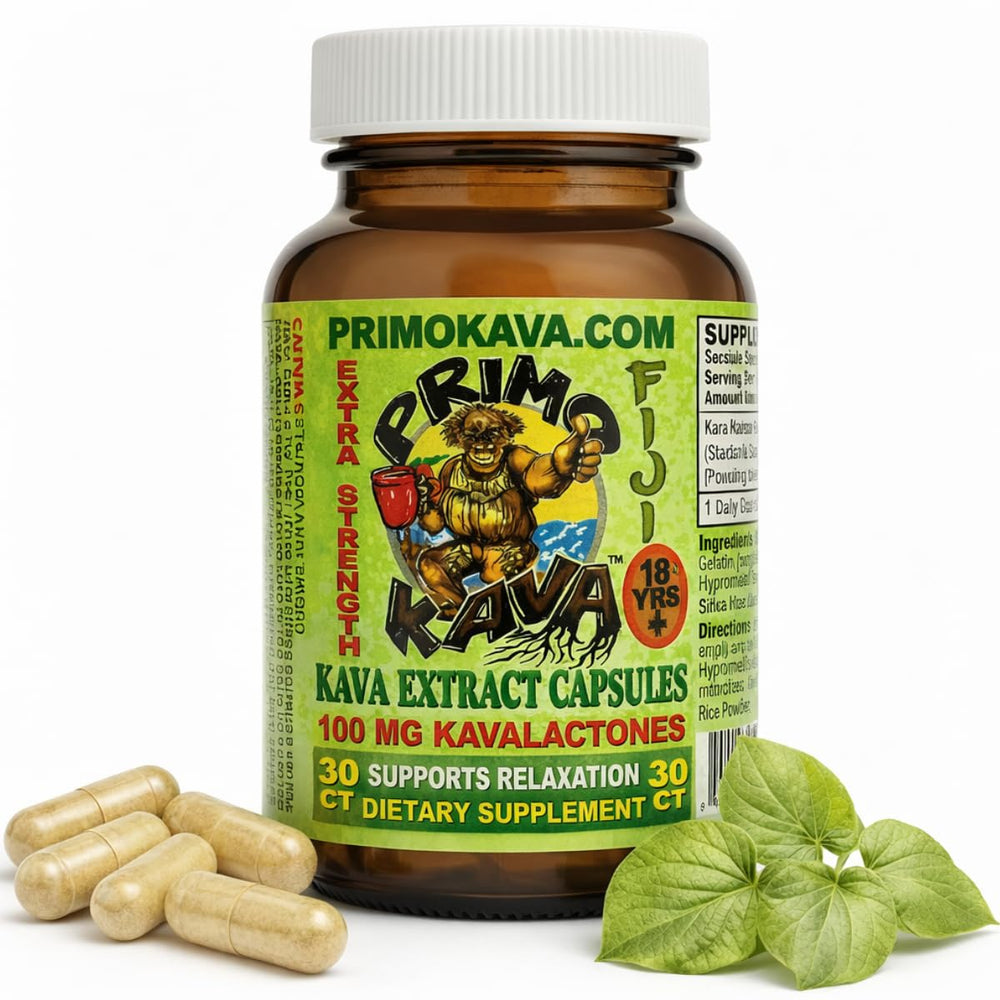 PRIMO KAVA: cápsulas de kava auténtica de Fiji para relajación suave.