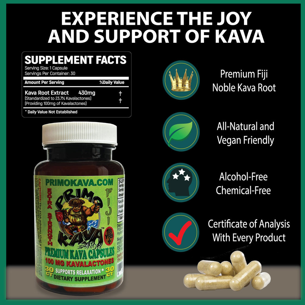 Cápsulas veganas de PRIMO KAVA compatibles con diversas dietas.