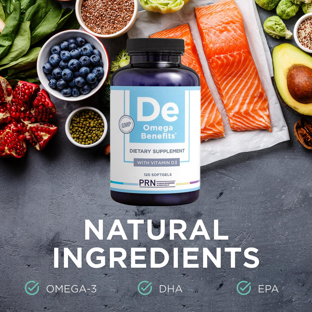PRN rTG Omega 3 envase abierto con cápsulas mostrando textura suave