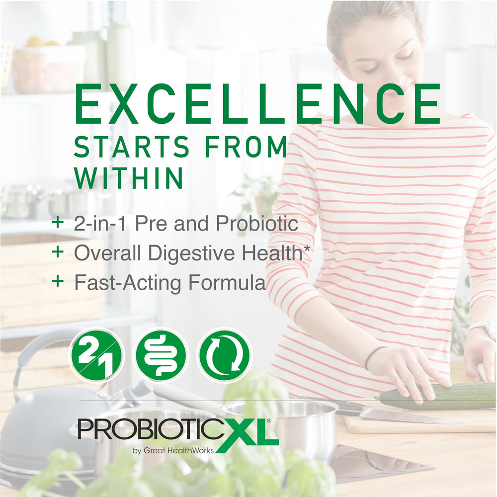 Caja de ProbioticXL abierta, revelando las 30 cápsulas y su conveniencia para viajes OmegaXL