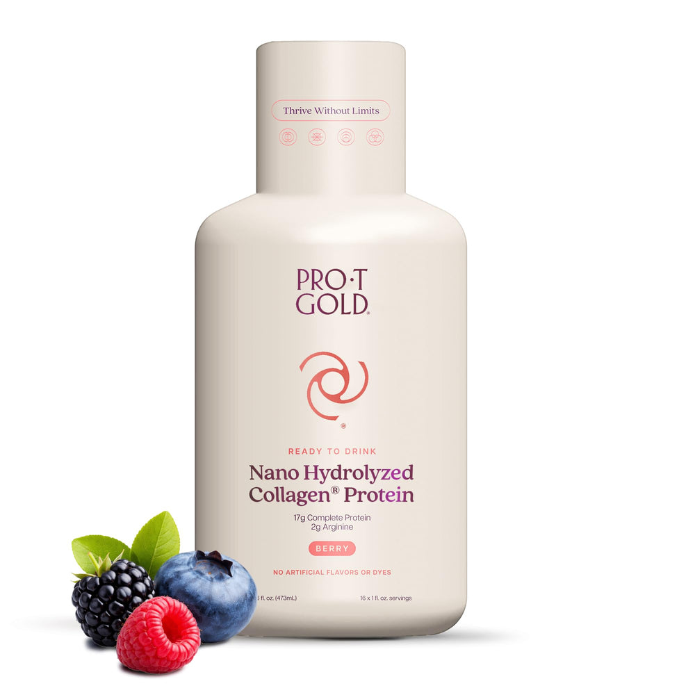 ProT Gold frontal de la botella berry mostrando envase práctico y nutritivo