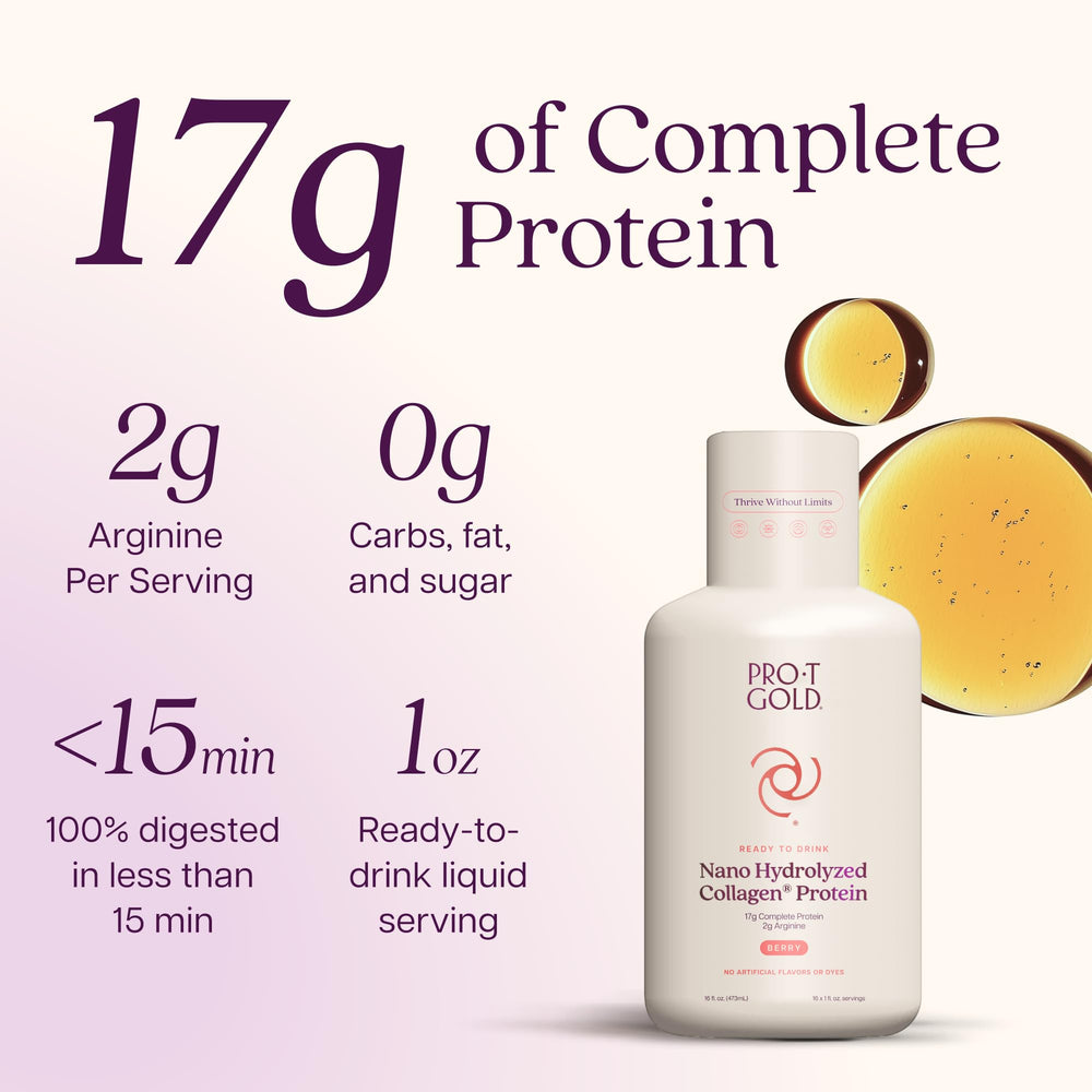 ProT Gold porción vertida en vaso para medir 1 fl oz y su concentración proteica