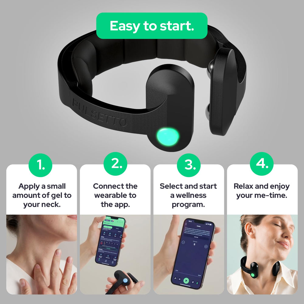 Pulsetto FIT junto a mesita de noche mostrando uso previo al sueño