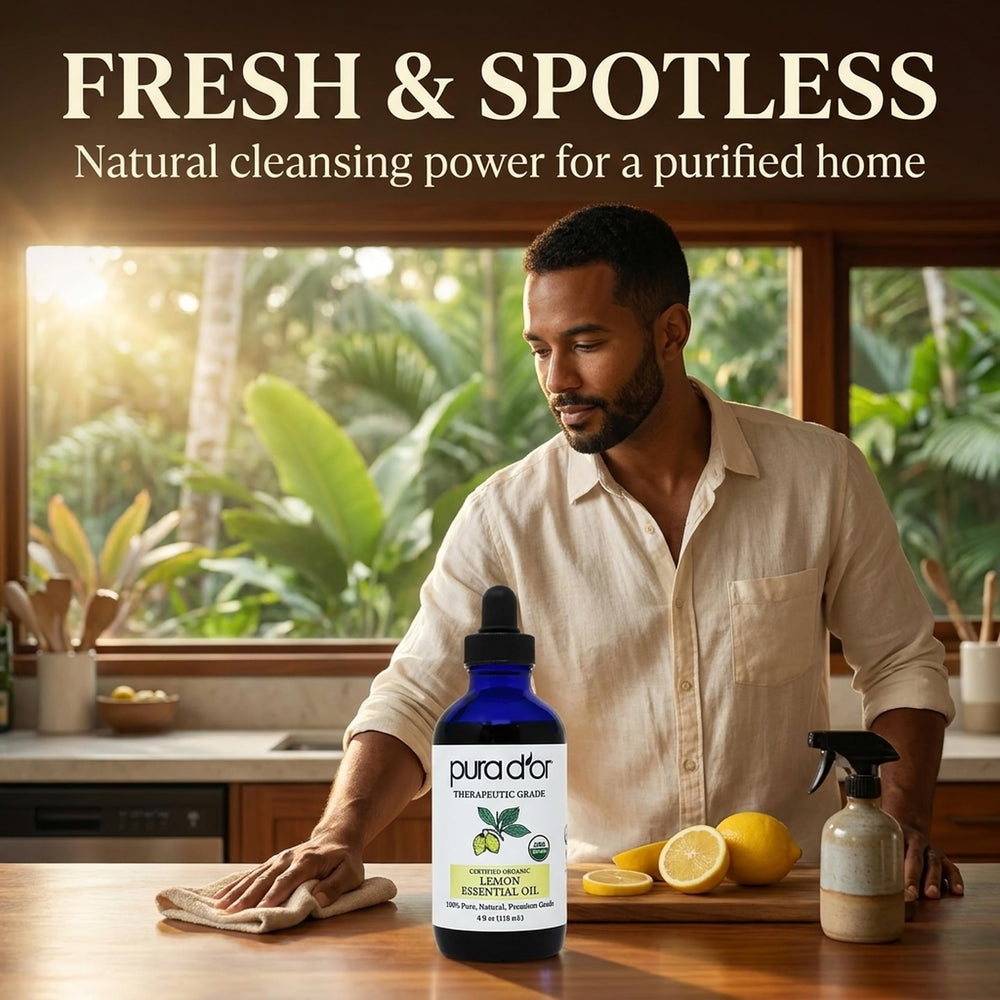 PURA D'OR aceite de limón difundiendo aroma fresco en espacio de trabajo