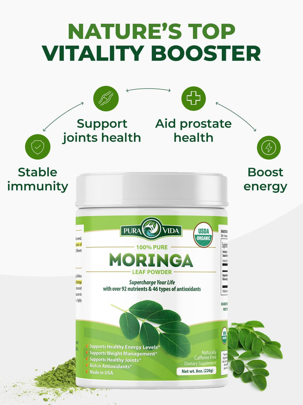 PURA VIDA MORINGA hojas frescas en la finca destacando origen único