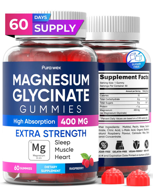 PURA WEX Nutrition magnesium glycinate gummies bottle shows high-absorption magnesium for daily balance.