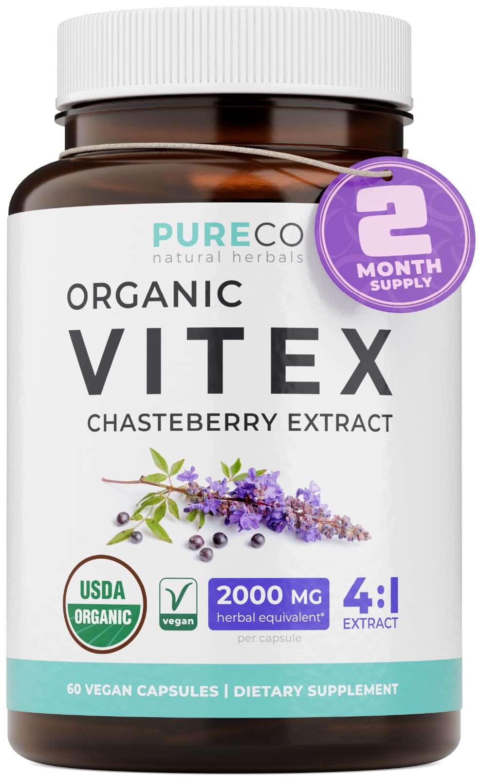 PURE CO frasco delantero de Vitex mostrando diseño y dosificación clara