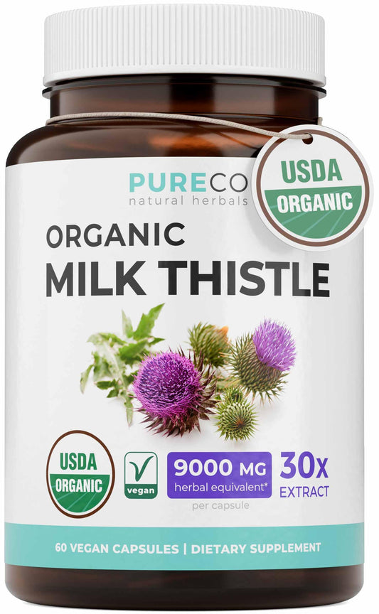 PURE CO envase frontal de Milk Thistle con diseño claro y beneficios