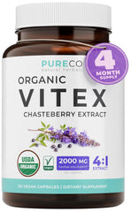 PURE CO frasco frontal mostrando etiquetas orgánica y vegana para confianza