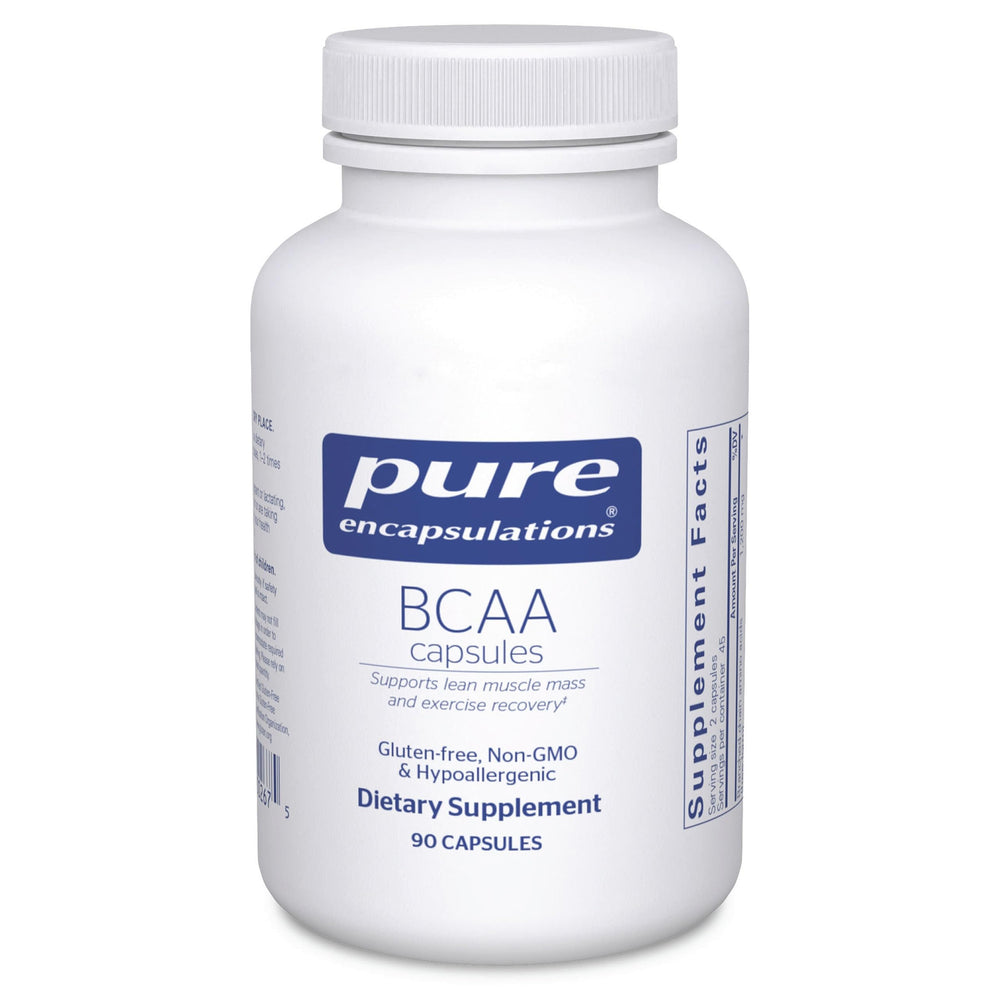 Envase frontal Pure Encapsulations BCAA que muestra diseño y cantidad, promueve confianza