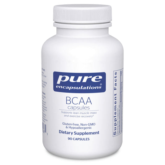Envase frontal Pure Encapsulations BCAA que muestra diseño y cantidad, promueve confianza