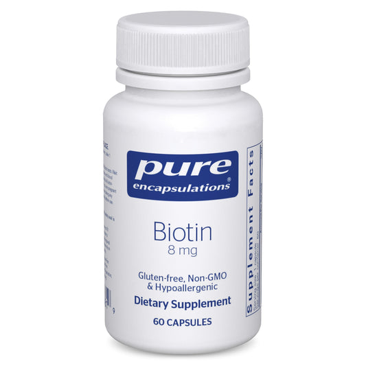 Pure Encapsulations frasco frontal de Biotin 8 mg mostrando presentación y cápsulas