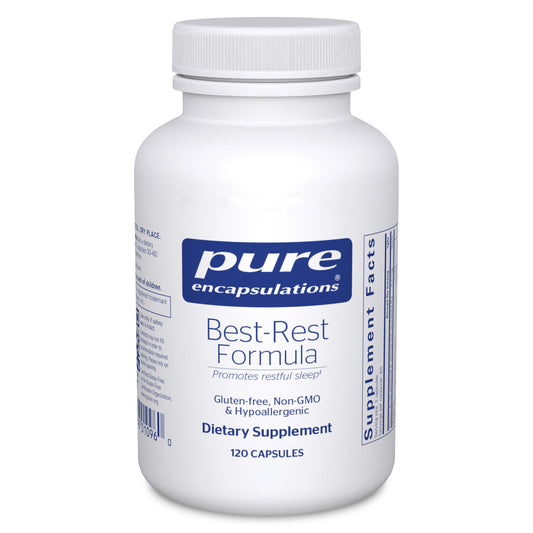 Pure Encapsulations botella frente mostrando envase y 120 cápsulas, beneficio claridad de información