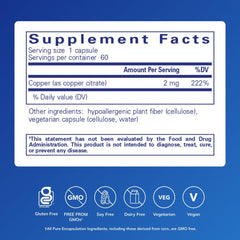 Copper (Citrate) capsules indicating highly bioavailable form for daily use