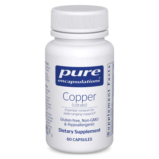 Pure Encapsulations botella frontal del suplemento cobre citrato beneficio pureza